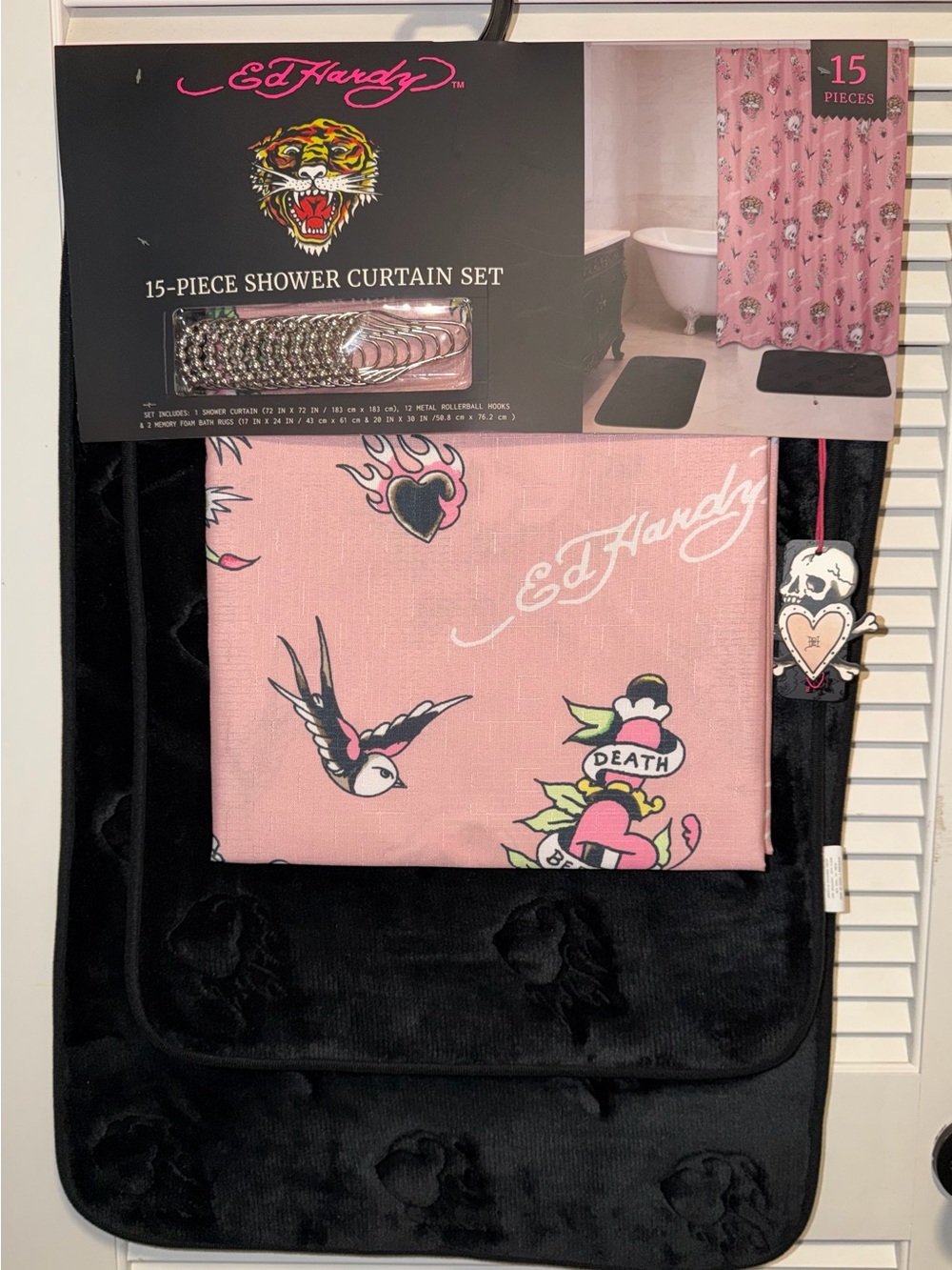 Ed Hardy Pink and Black Tattoo-Print 15-Piece Shower Curtain Set